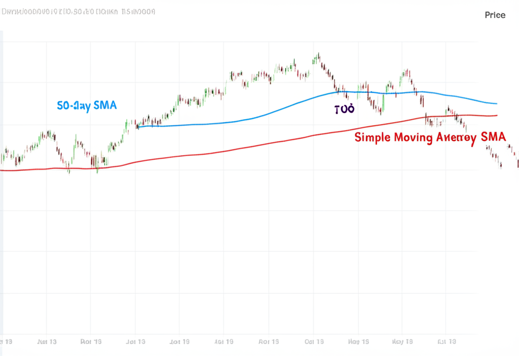 ภาพประกอบกราฟทางเทคนิคที่แสดงเส้น SMA 50 วันตัดลงต่ำกว่าเส้น SMA 200 วัน บ่งชี้แนวโน้มขาลง