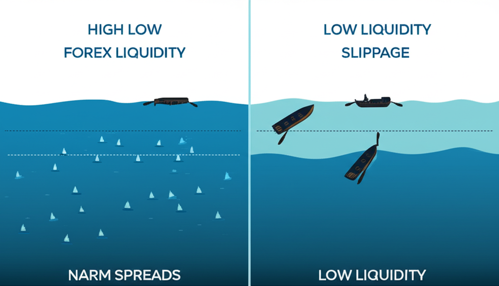 Comparison of high and low forex liquidity: narrow vs wide spreads and slippage