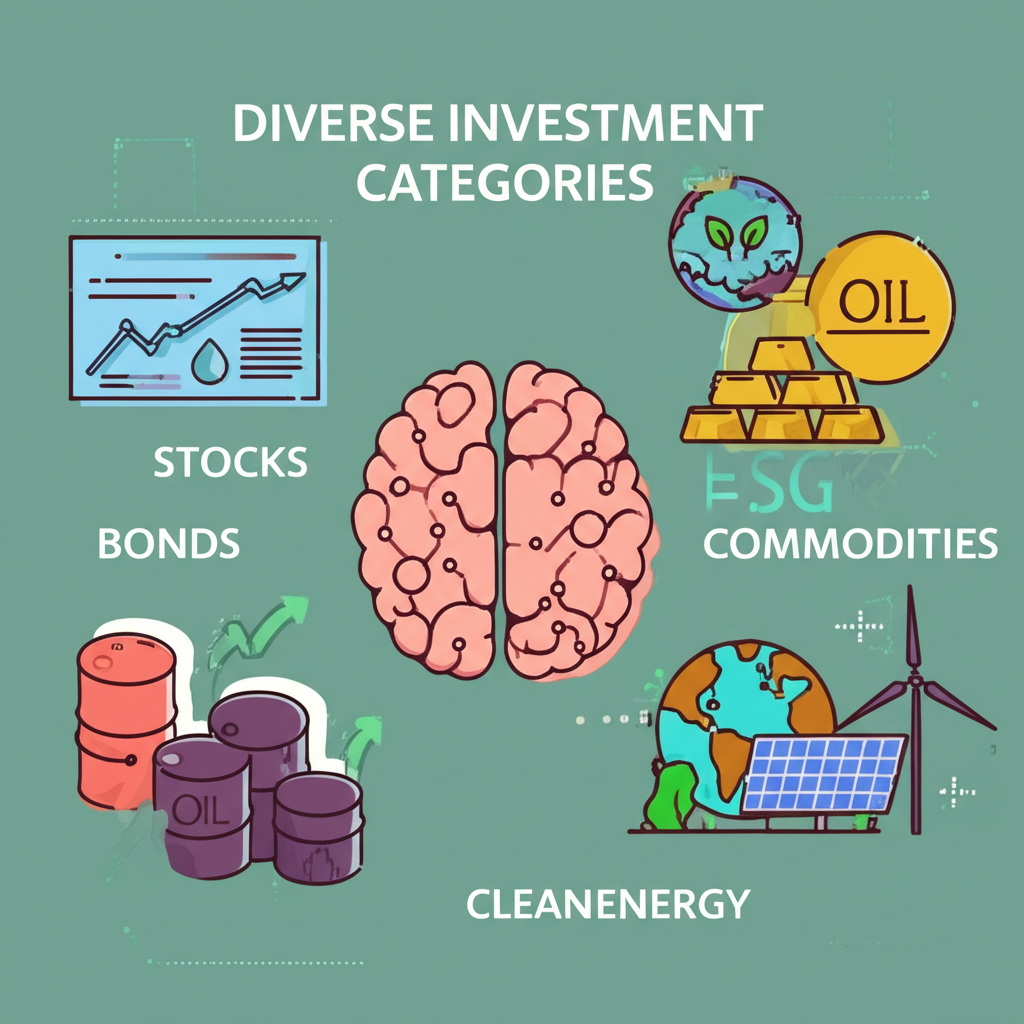 Diverse investment categories stocks bonds commodities AI ESG clean energy illustration