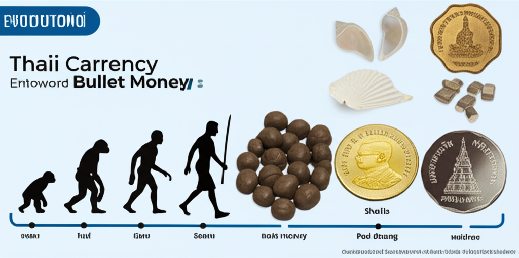 illustration evolution timeline of Thai currency from seashells to bullet money and modern coins