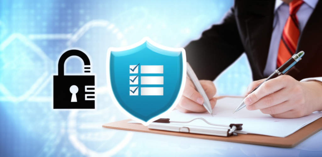 บุคคลกำลังตรวจสอบรายการเช็คลิสต์อย่างละเอียดก่อนตัดสินใจ พร้อมสัญลักษณ์กุญแจล็อกเพื่อความปลอดภัย