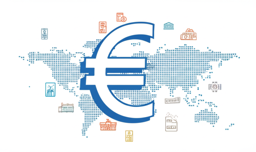 Illustration of euro currency symbol with world map and Thai people investing, traveling, and doing business