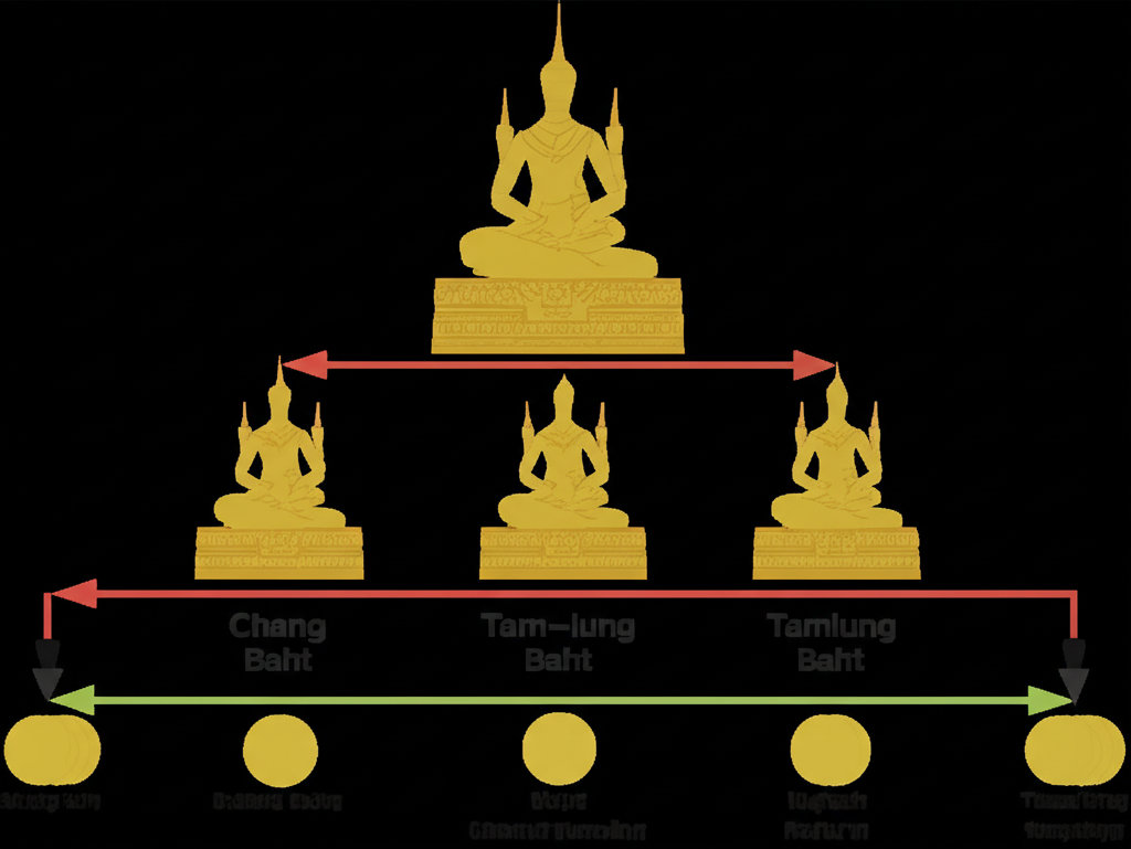 illustration diagram showing hierarchy of ancient Thai currency units like Chang Tamlung Baht