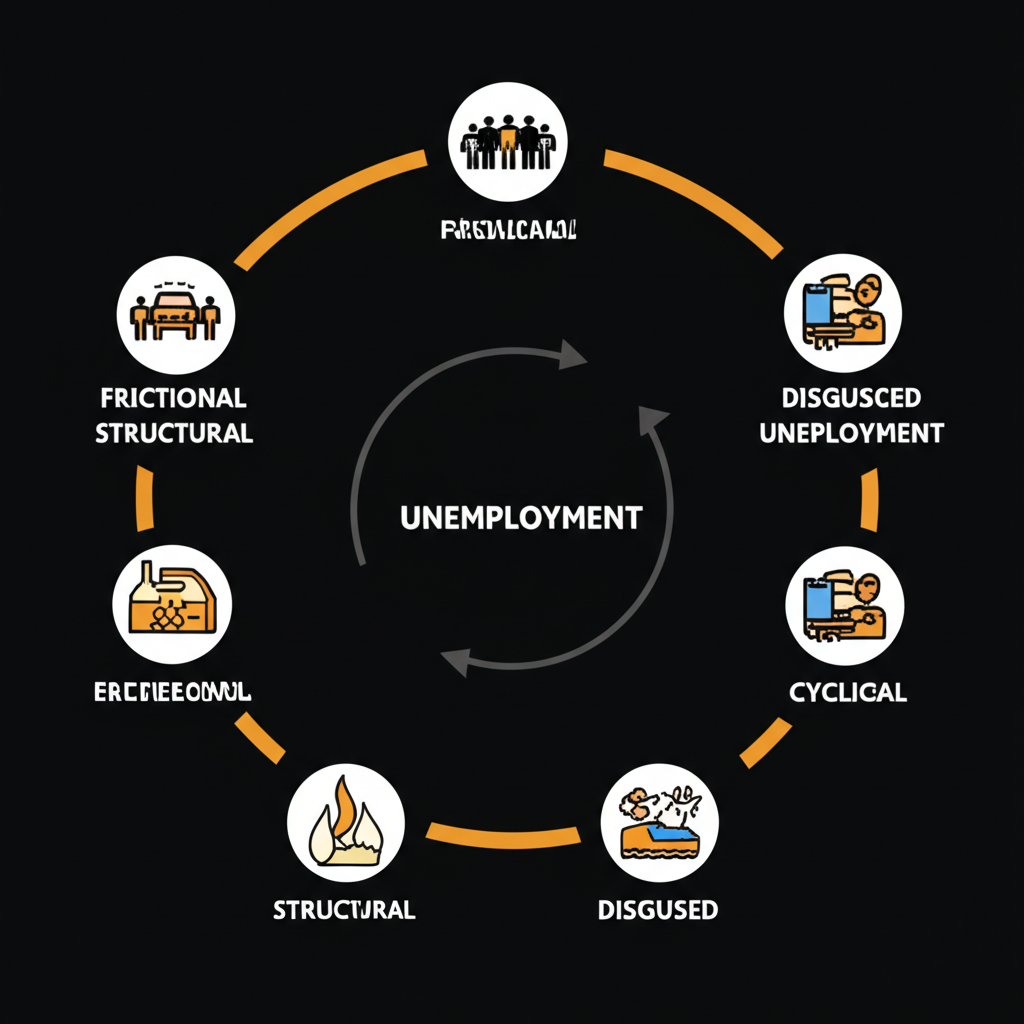 ภาพประกอบประเภทต่างๆ ของการว่างงาน ได้แก่ เสียดทาน โครงสร้าง วัฏจักร ฤดูกาล และแอบแฝง พร้อมสัญลักษณ์ที่แตกต่าง
