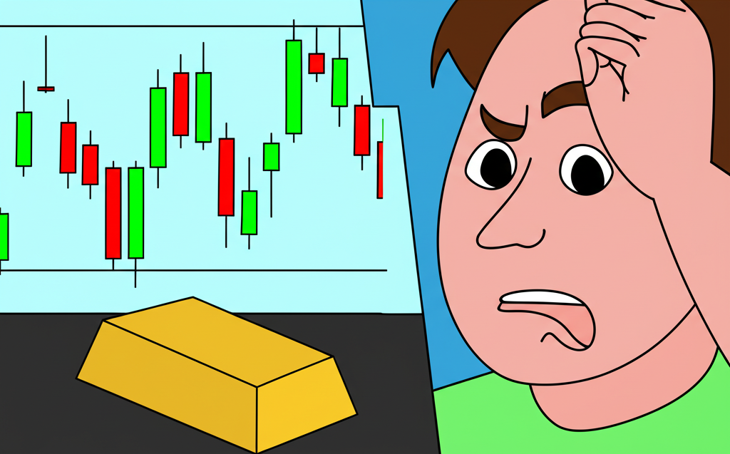 ภาพประกอบคนสับสนระหว่างกราฟหุ้นและทองคำแท่ง สื่อถึงความแตกต่างของการลงทุน