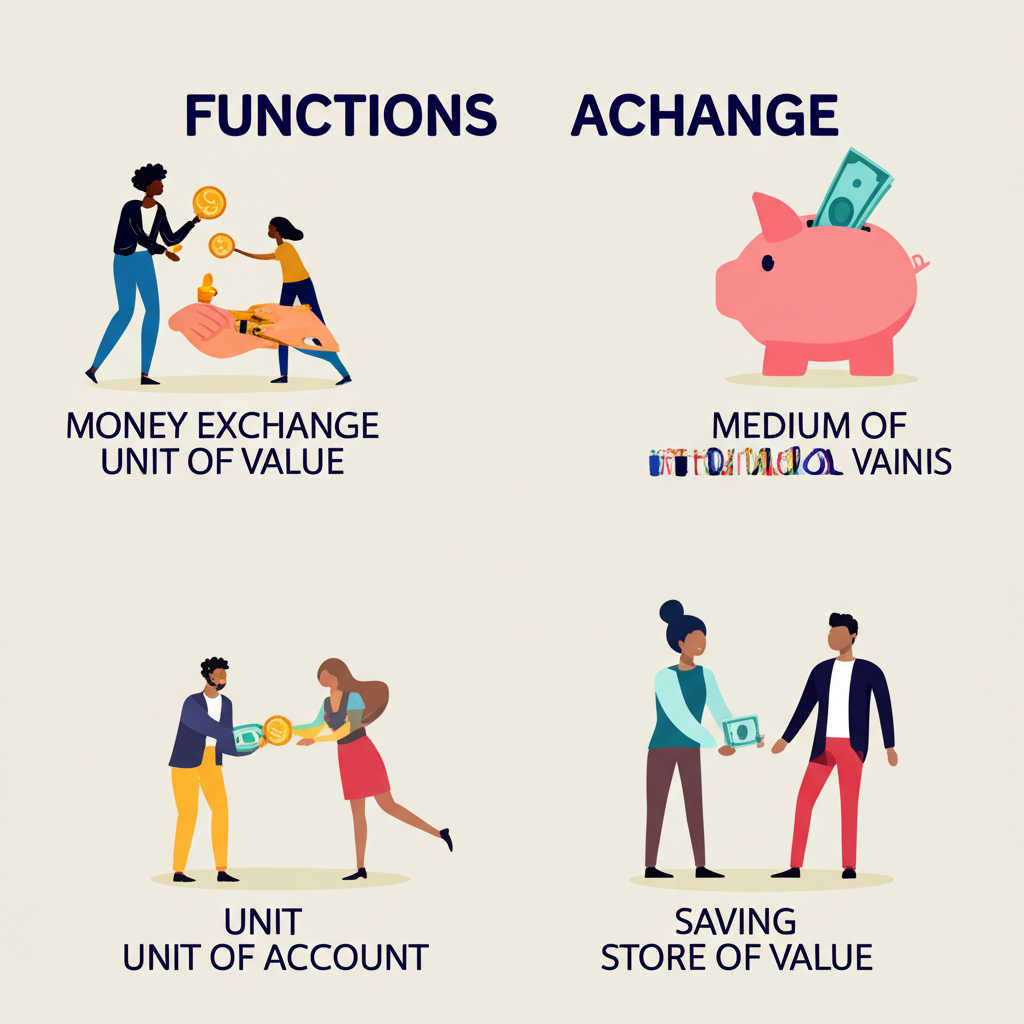 An illustration showing three functions of money exchange unit of value and saving store with diverse people