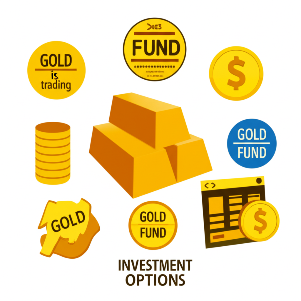 ภาพประกอบตัวเลือกการลงทุนทองคำหลากหลาย เช่น ทองแท่ง เหรียญทอง กองทุนทอง และแพลตฟอร์มออนไลน์