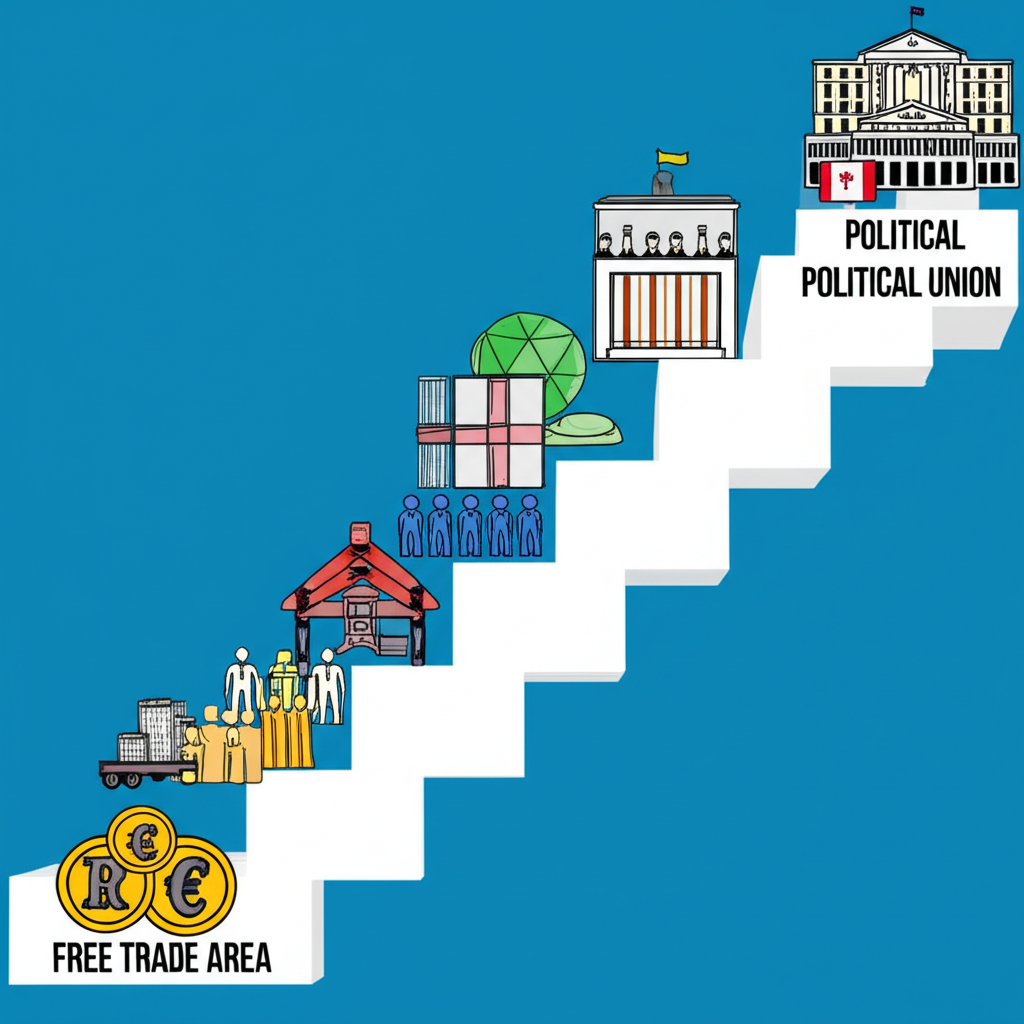 ภาพประกอบบันไดแสดงระดับการรวมกลุ่มทางเศรษฐกิจจากเขตการค้าเสรีสู่สหภาพการเมือง พร้อมสัญลักษณ์หลากหลายในแต่ละขั้น