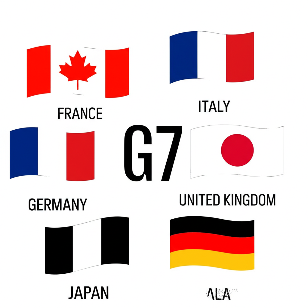 Illustration of flags of Canada France Germany Italy Japan United Kingdom United States representing G7 members