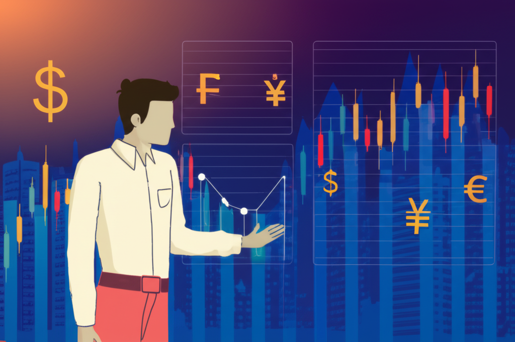 ภาพประกอบนักลงทุนไทยกำลังวิเคราะห์กราฟค่าเงินต่างประเทศพร้อมสัญลักษณ์เงินในพื้นหลัง