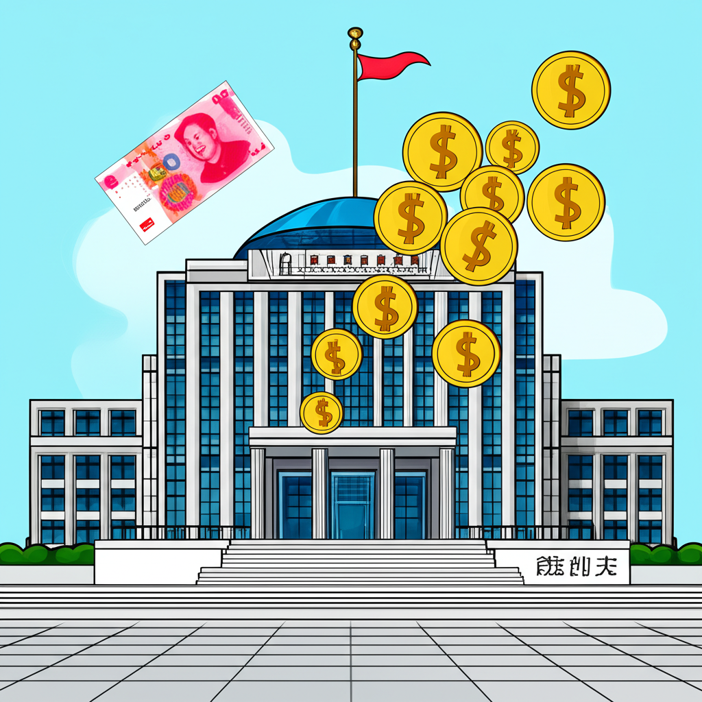 ภาพประกอบอาคารธนาคารประชาชนจีนพร้อมสัญลักษณ์เงินไหลออกมา