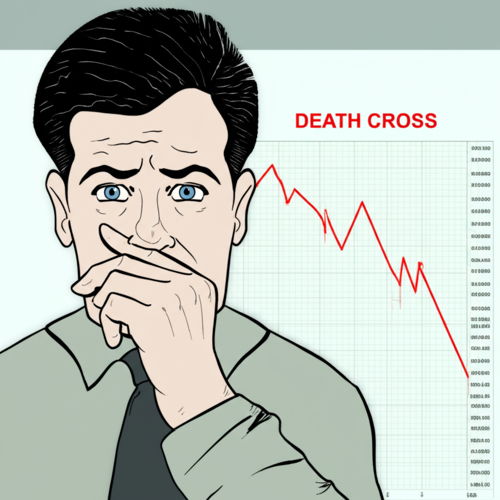 ภาพประกอบนักลงทุนที่กังวลขณะดูกราฟหุ้นที่มี Death Cross สีแดงแสดงความผันผวนของตลาด