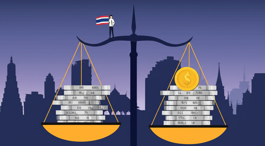 นักลงทุนไทยกำลังปรับสมดุลหุ้นขนาดใหญ่และขนาดเล็กบนตาชั่งกับพื้นหลังท้องฟ้ากรุงเทพฯ