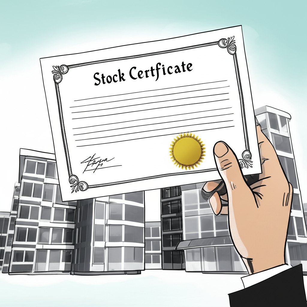 ภาพประกอบมือถือใบหุ้นพร้อมอาคารบริษัทขนาดเล็กในพื้นหลัง