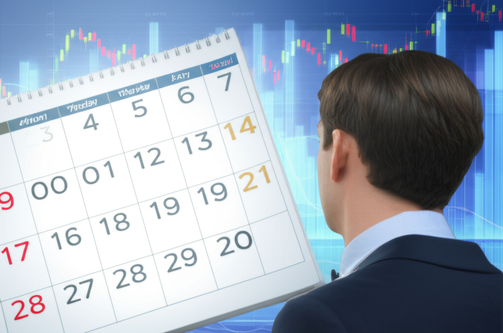 An investor looking at a calendar with stock charts in the background illustration style
