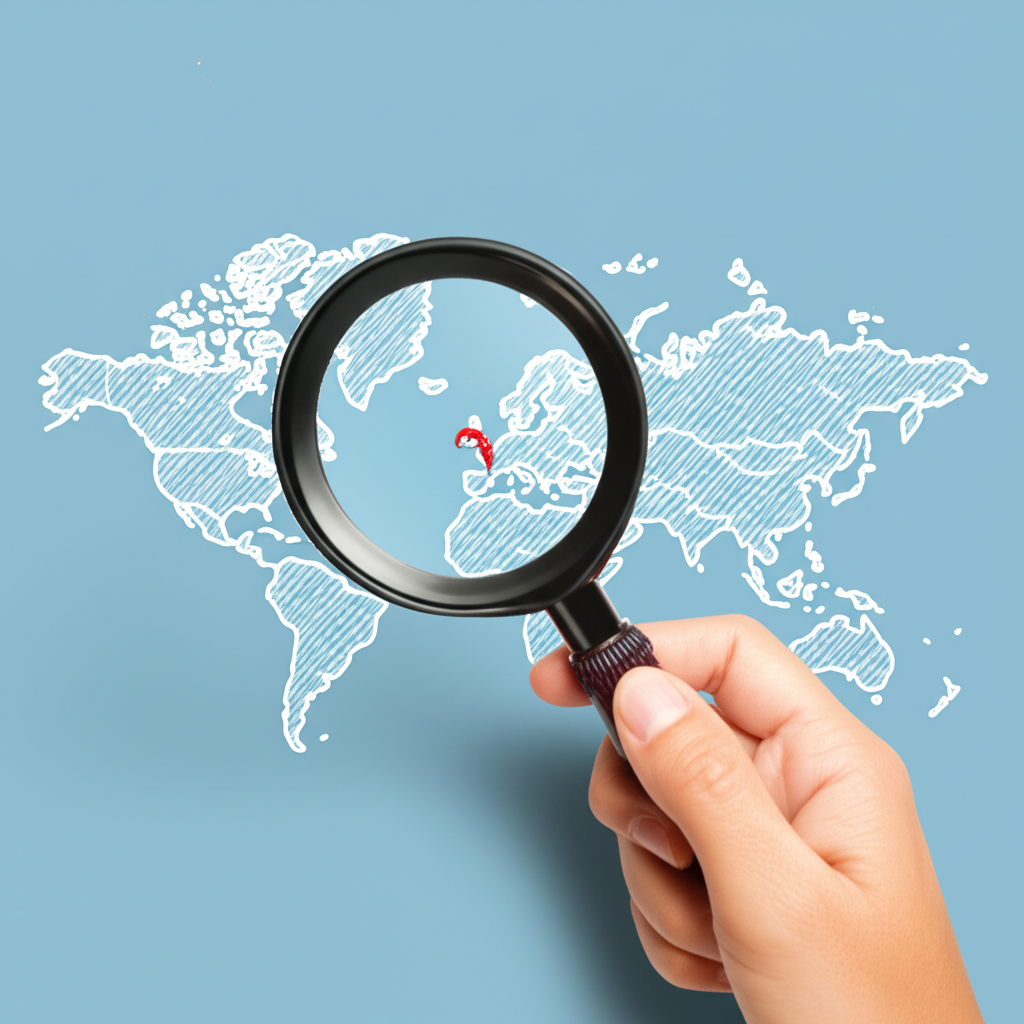 An investor exploring global markets with a magnifying glass over a world map illustration