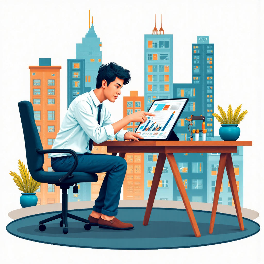 a digital illustration of a Thai investor analyzing charts and graphs superimposed on images of shopping malls and office buildings signifying real estate investment trusts and financial growth