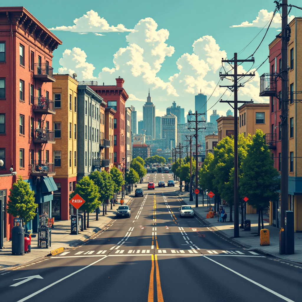 A split image showing a bustling 1970s city street with gas lines contrasted with a modern city powered by solar panels and wind turbines representing a transition