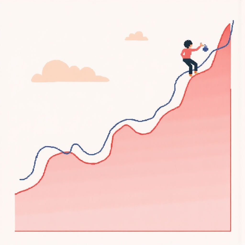 An illustrative depiction of a financial chart showing a clear upward trend line with a gentle dip and then continuing upwards symbolizing a retracement with soft pastel colors and clean lines
