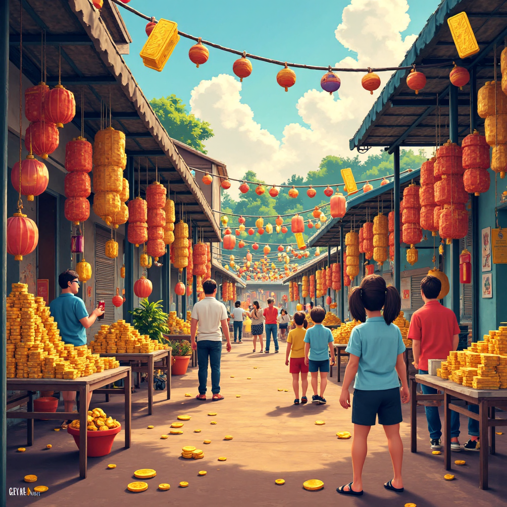 Vibrant illustration of a bustling Thai market scene with floating platinum bars and gold coins subtly integrated into the stalls evoking prosperity and financial activity with warm ambient lighting and cheerful cartoonish characters