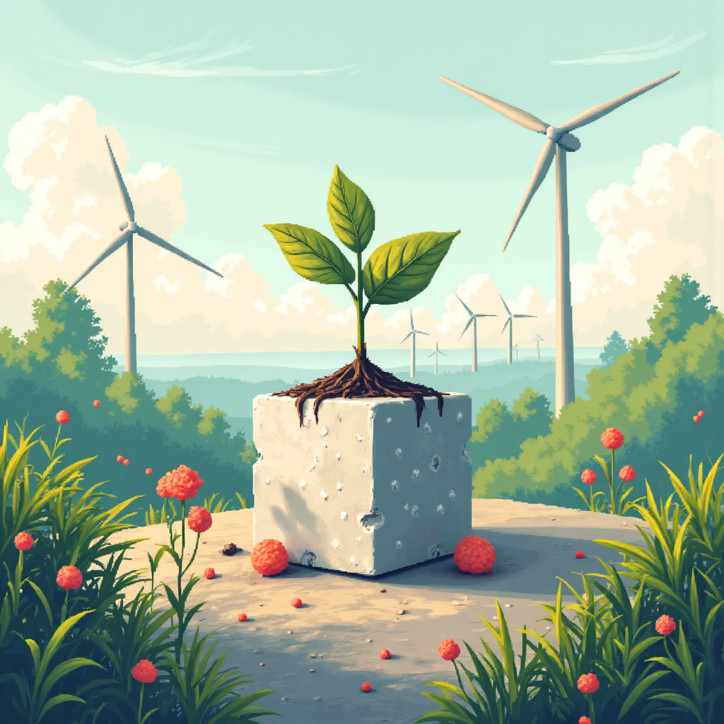 Intricate illustration of a seedling sprouting from a platinum ingot surrounded by abstract representations of clean energy like wind turbines and fuel cells in a serene and forward-looking natural landscape with soft pastel colors