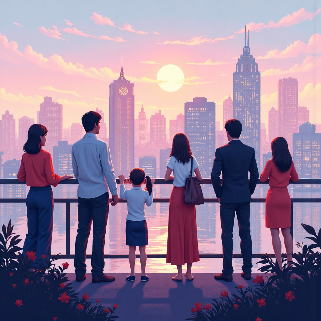 an illustration of a diverse group of Thai investors looking at a cityscape with glowing building icons representing real estate assets with a soft pastel color palette and a hopeful atmosphere