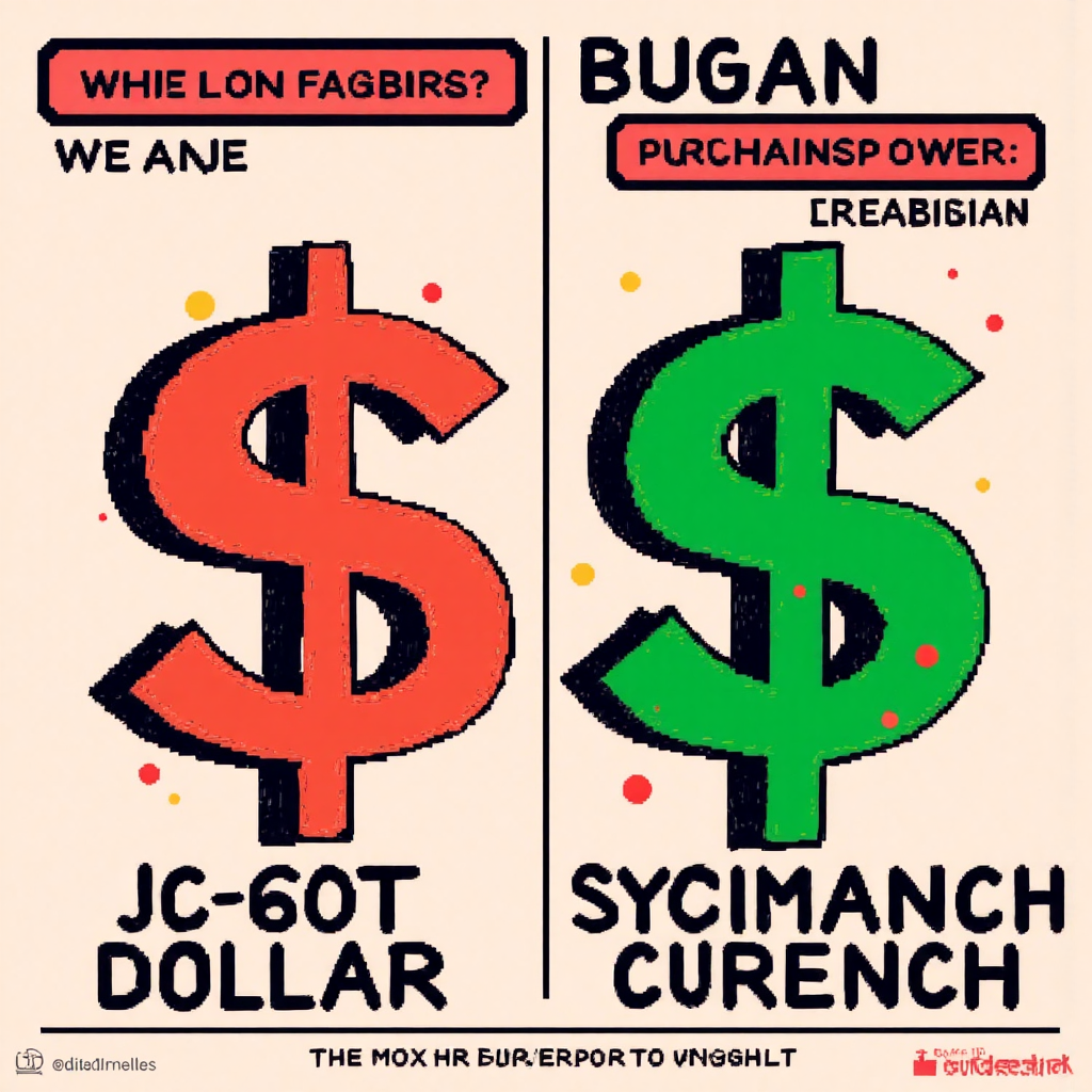 ภาพประกอบที่สดใสแสดงการเปรียบเทียบระหว่างสัญลักษณ์สกุลเงินแข็งอย่างดอลลาร์สหรัฐกับสกุลเงินอ่อนอย่างดอลลาร์ซิมบับเว พร้อมตัวชี้วัดความแตกต่างของอำนาจซื้อในสไตล์ศิลปะที่สดใสและมีพลัง