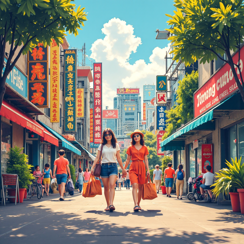 ภาพประกอบแสดงนักท่องเที่ยวไทยกำลังสำรวจเมืองต่างประเทศที่คึกคักอย่างมีความสุขพร้อมถุงช้อปปิ้งมากมาย บ่งชี้ถึงต้นทุนต่ำจากสกุลเงินท้องถิ่นที่อ่อนค่าภายใต้แสงแดดสว่างจ้า