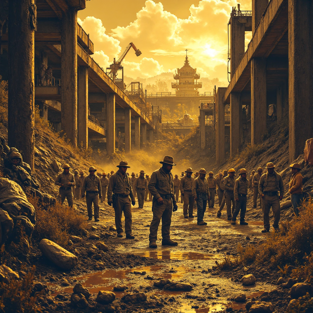 crowd of desperate gold miners covered in mud struggling in a massive hole illustration style