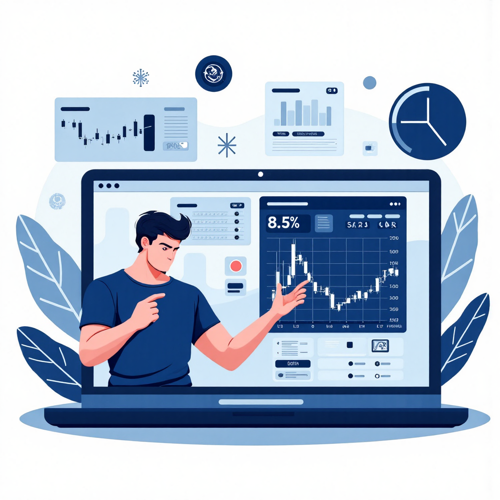 ภาพประกอบนักเทรดที่กำลังวางคำสั่งซื้ออย่างมั่นใจบนหน้าจอแล็ปท็อป แสดงอินเทอร์เฟซ MetaTrader 4 ด้วยหน้าต่าง Market Watch และแผนภูมิที่ชัดเจน ท่าทางตัดสินใจเด็ดขาดล้อมรอบด้วยองค์ประกอบข้อมูลการเงินนามธรรมในโทนสีน้ำเงินและเงินที่ดูมืออาชีพและมีพลัง