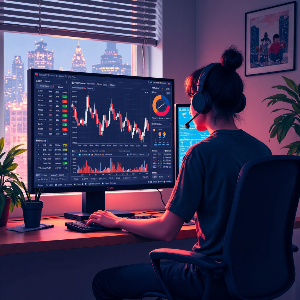An artistic depiction of a Thai individual making informed trading decisions using advanced financial analysis tools and charts surrounded by a soft ambient light