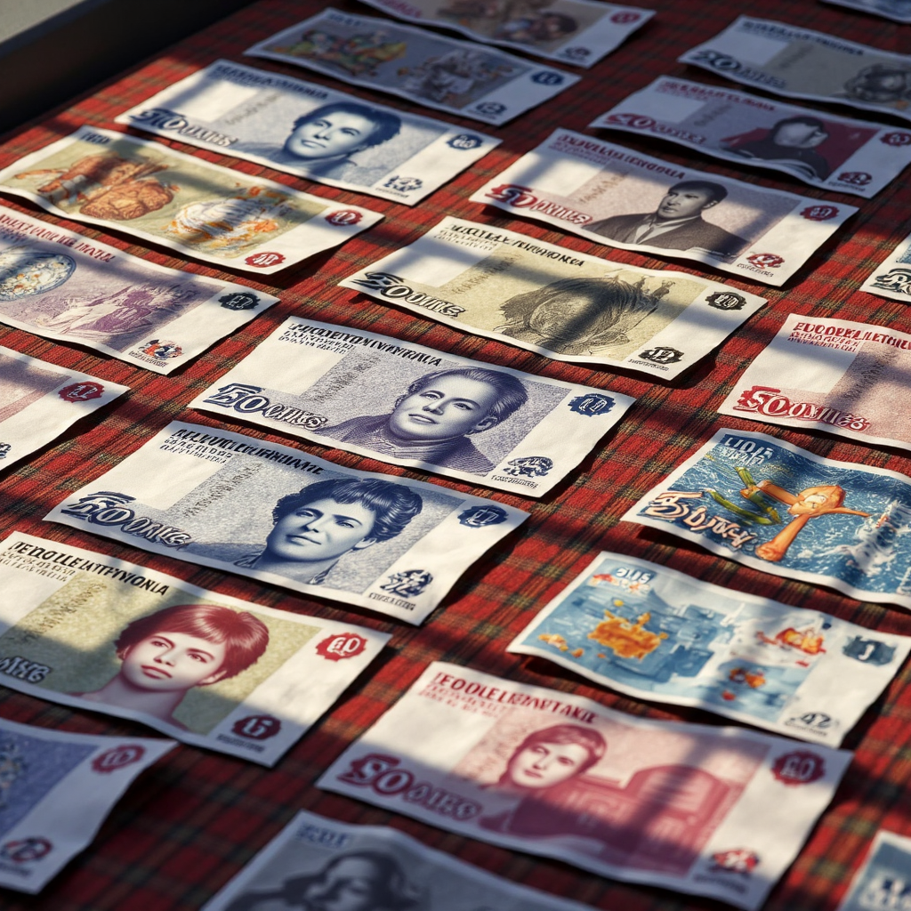 illustration of diverse uk banknotes each with unique regional designs like scottish tartan patterns and english landmarks under soft ambient lighting