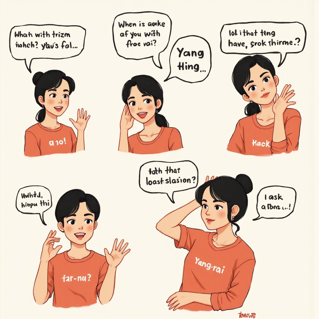 An illustration depicting a Thai person asking a question using 'yang-rai' with speech bubbles showing different situations like asking for directions or health status soft painterly style with a focus on clear communication