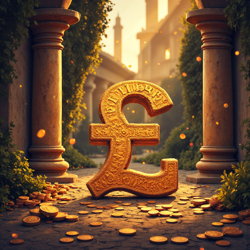 illustration of a prominent pound sterling symbol £ surrounded by historical roman coins and ancient scrolls bathed in warm golden light