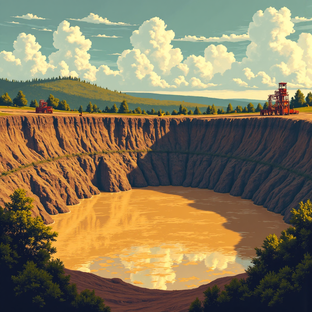 vast open pit gold mine in brazil flooded with muddy water under a dramatic sky illustration style