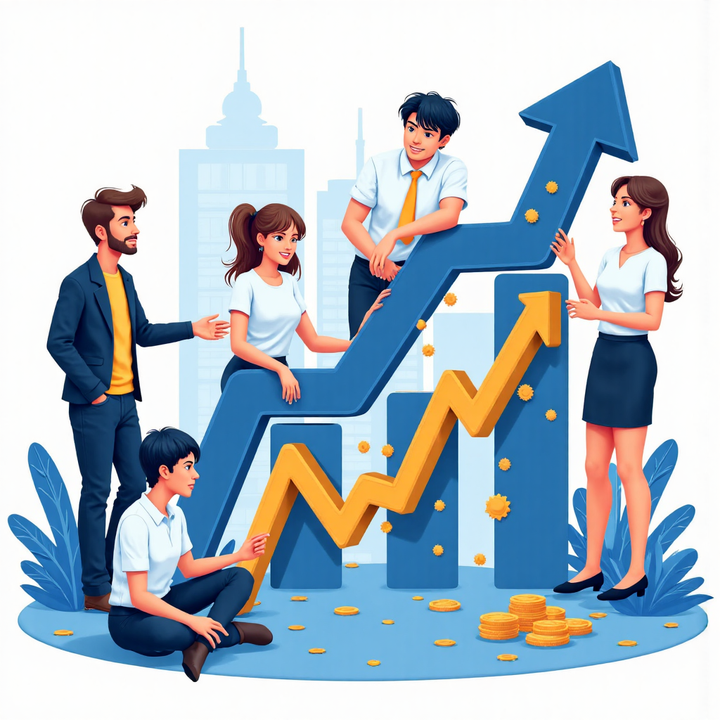 An illustration of diverse Thai investors interacting with a dynamic global currency exchange graph with golden accents symbolizing profit and blue hues representing stability