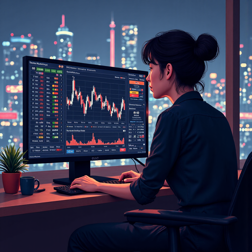 A serene Thai trader observing market fluctuations on a digital screen illuminated by the soft glow of economic news indicators and currency charts