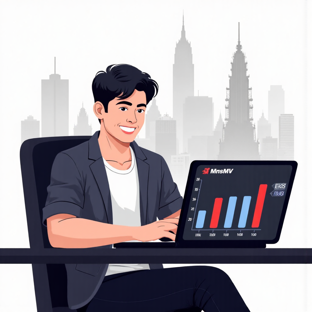stylized illustration of a confident thai trader using a sleek laptop displaying a leveraged trading graph showing both upward and downward price movements with a subtle background of thailand landmarks