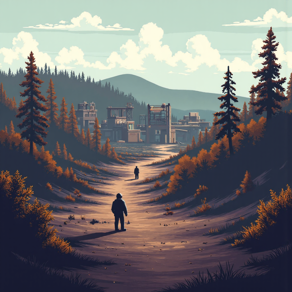 a stark landscape showing environmental damage from mining with a distant, stylized community illustration style