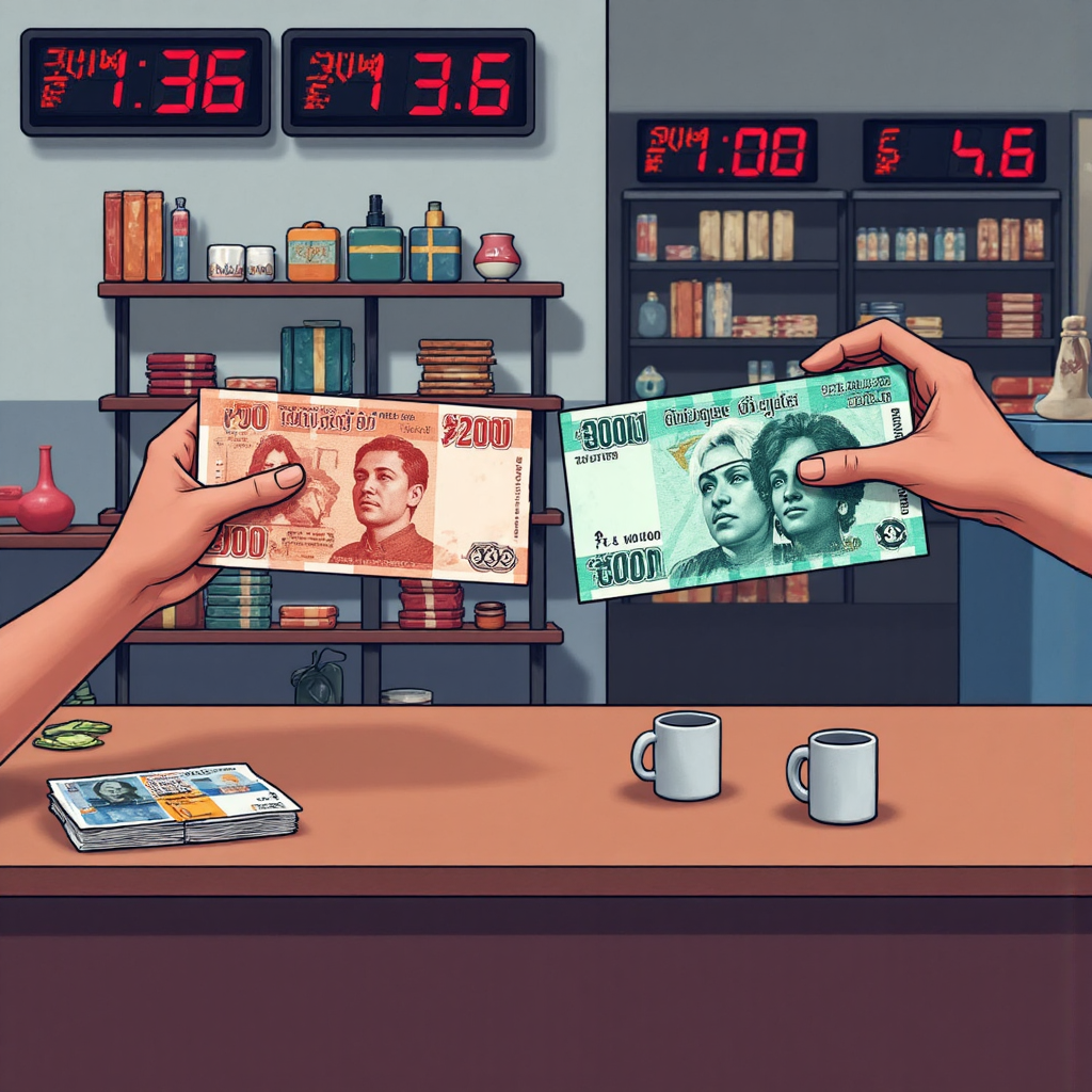 illustration depicting a currency exchange counter with thai baht banknotes and pound sterling notes being compared with subtle digital exchange rate displays in the background