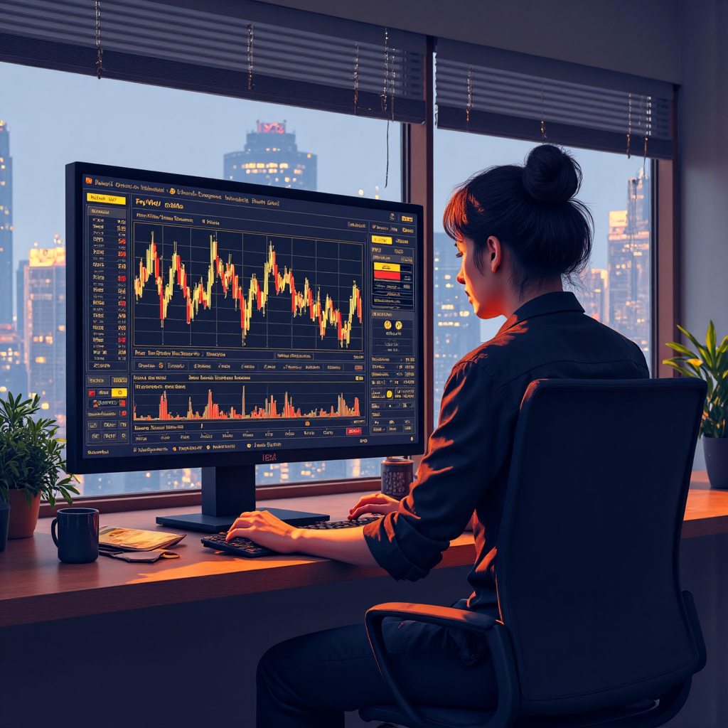 illustration of a thai investor analyzing glowing financial charts with subtle hints of gold and currency symbols radiating from a central trading platform in a modern office setting with soft ambient lighting