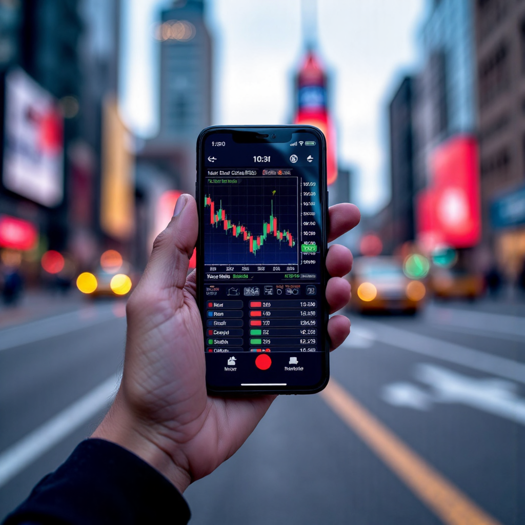 ภาพประกอบมือถือสมาร์ทโฟนที่แสดงอินเทอร์เฟซแอป MetaTrader 4 ด้วยแผนภูมิราคาสีสันและปุ่มการเทรด พื้นหลังเมืองที่เบลอสื่อถึงการเทรดระหว่างเดินทาง การออกแบบล้ำสมัยและมีพลังงานสดใส