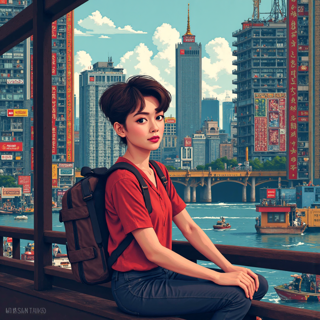 A visual metaphor of a Thai traveler confidently navigating a bustling international currency market with trading charts and diverse currency symbols in the background